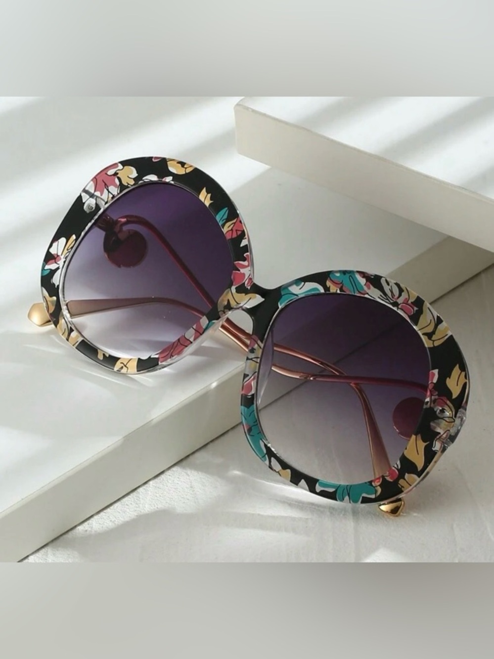 Vintage Floral Round Sunglasses - Black Frame with Teal & Pink Accents